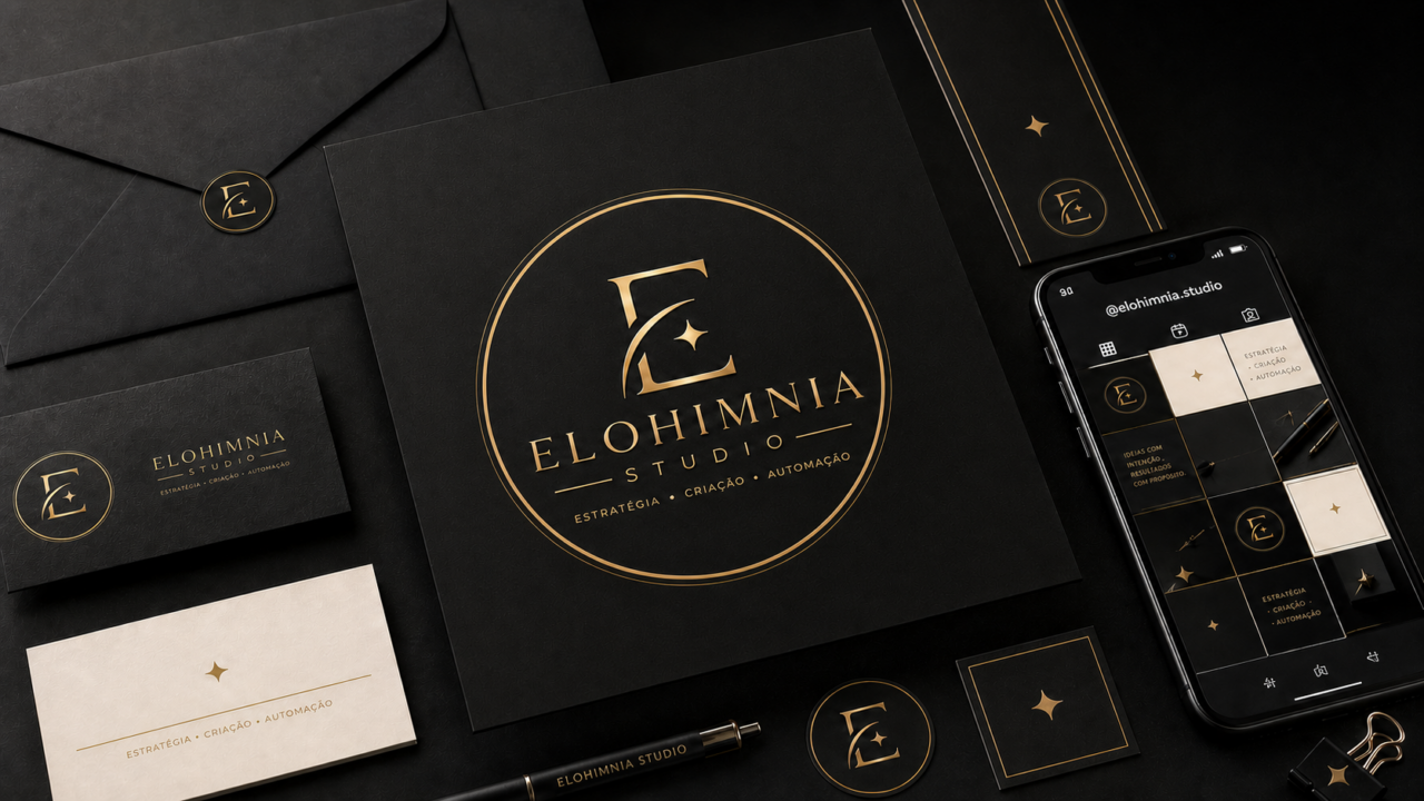 Mockup da identidade visual da Elohimnia Studio em um projeto de portfólio de marketing digital.